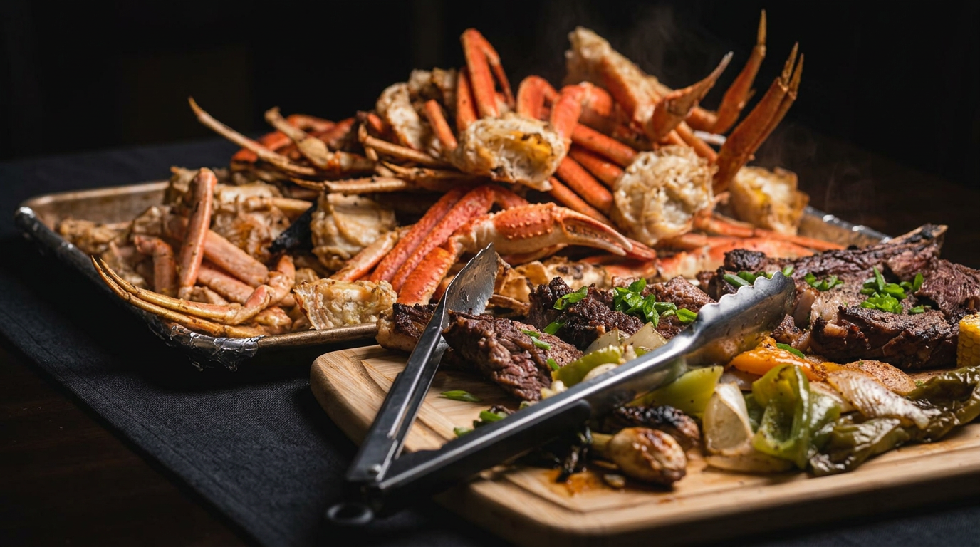 Chef's table spread with crab, steak, shrimp and sides
